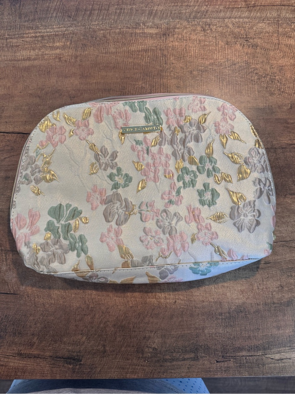 Vince Camuto Floral Metallic Cosmetic Makeup Bag Pink Gold Zip Pouch
